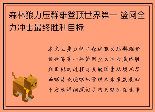 森林狼力压群雄登顶世界第一 篮网全力冲击最终胜利目标